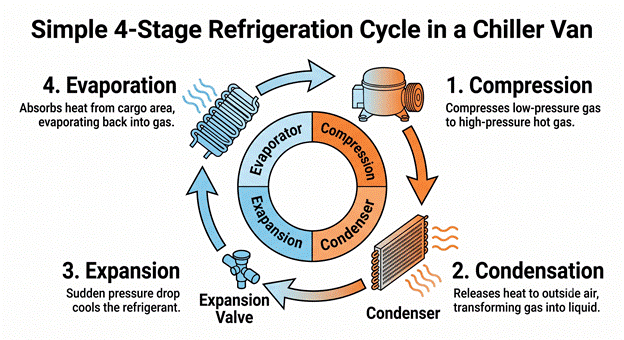 refrigeration cycle diagram showing how a chiller van cooling system works